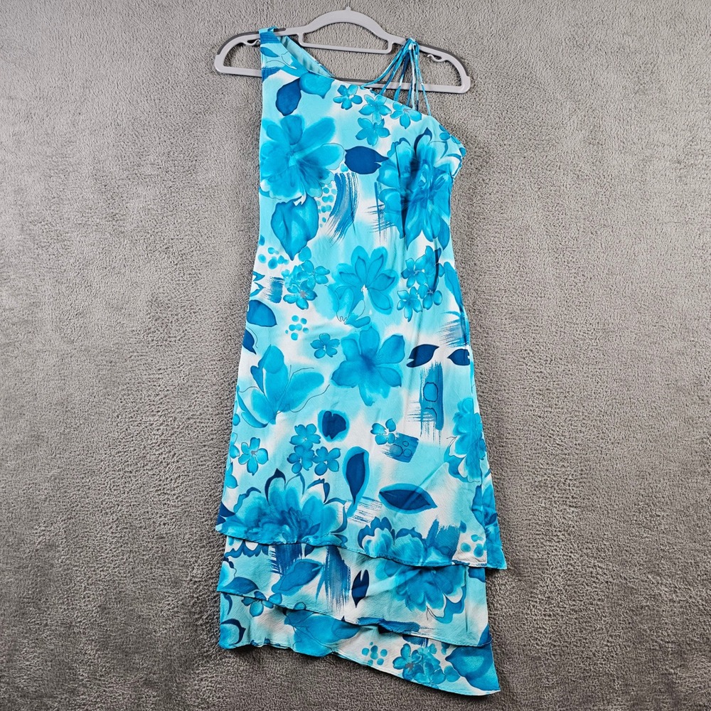 Evan-Picone Blue Floral One Shoulder Tiered Midi Dress Womens Size 4 Y2K